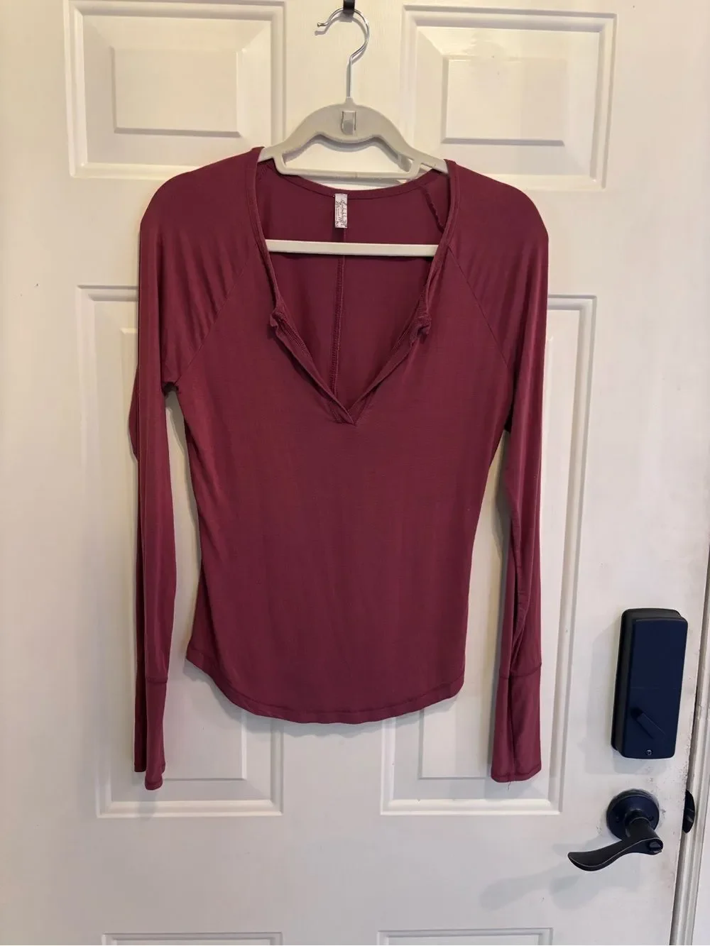 Free People Long Sleeve V-Neck Tee in Wine